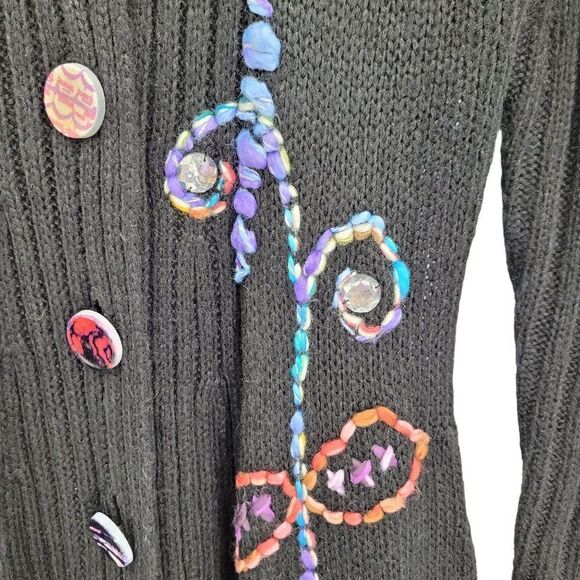 Vintage 90's Coatigan Duster Cardigan M Black Whimsical Embroidery Fairy Grunge - Picture 8 of 17